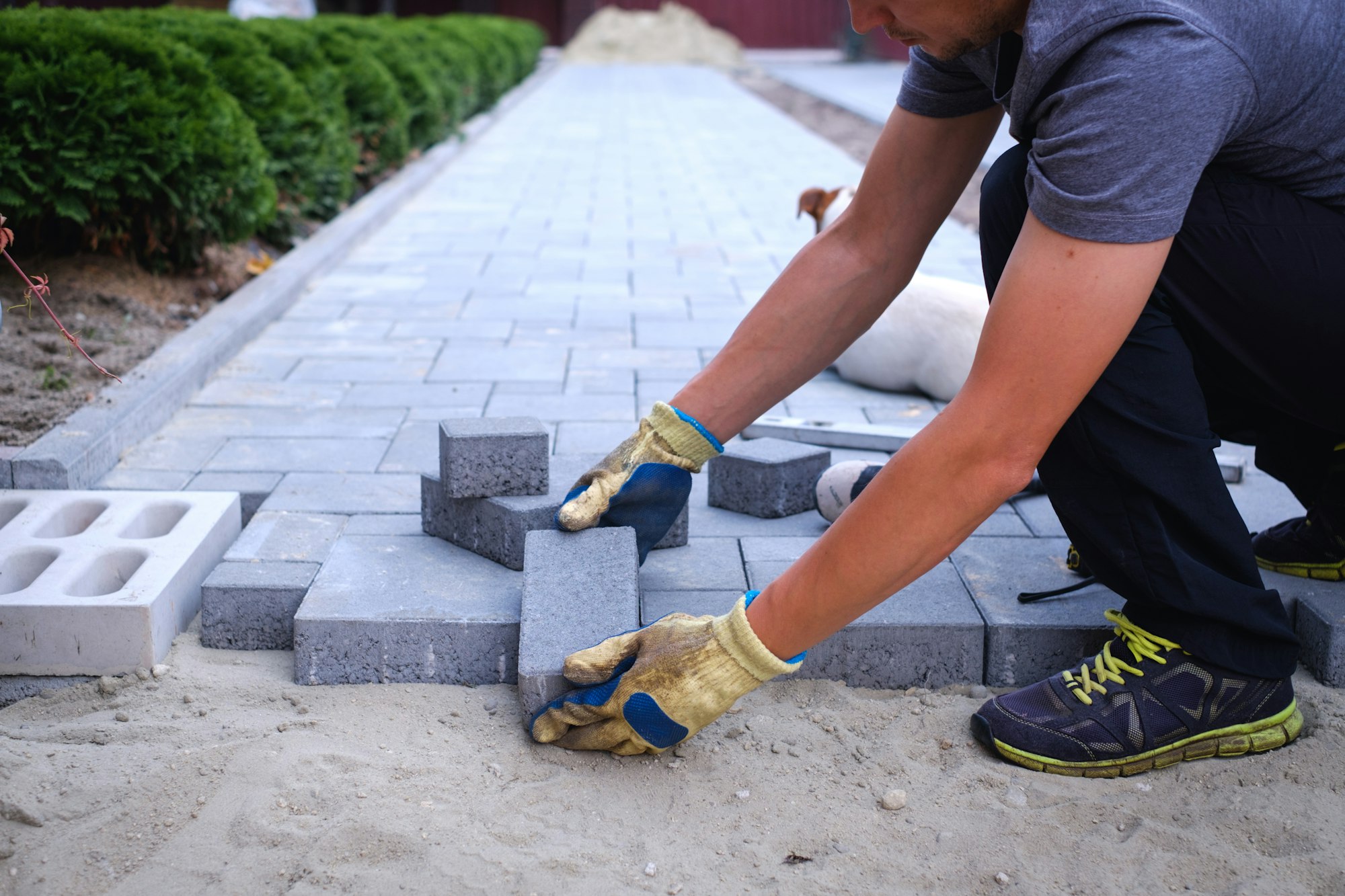 The master in yellow gloves lays paving stones